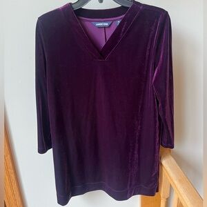 Lands' End V-Neck Velour Velvet Tunic Top w Stretch Medium